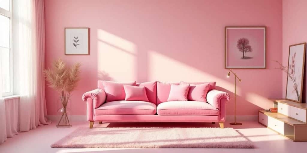 Modern pink-themed living room inspired by the Barbie movie’s playful home decor color palette, showing how pop culture trends influence interior design.