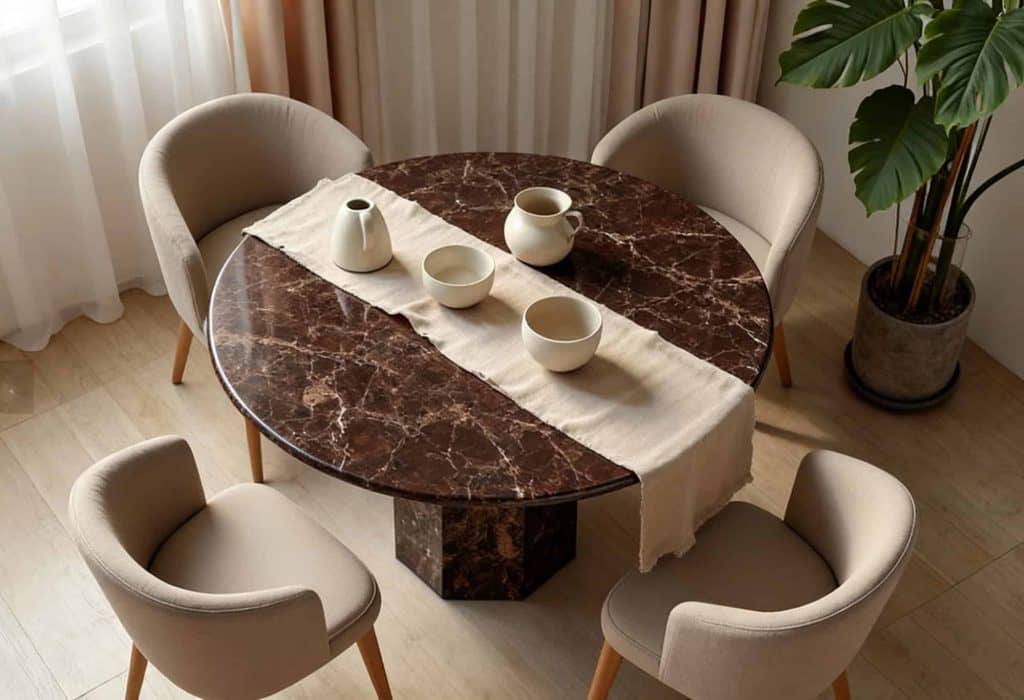 Round marble dining table paired with handcrafted ceramics and linen runner in modern interior.
