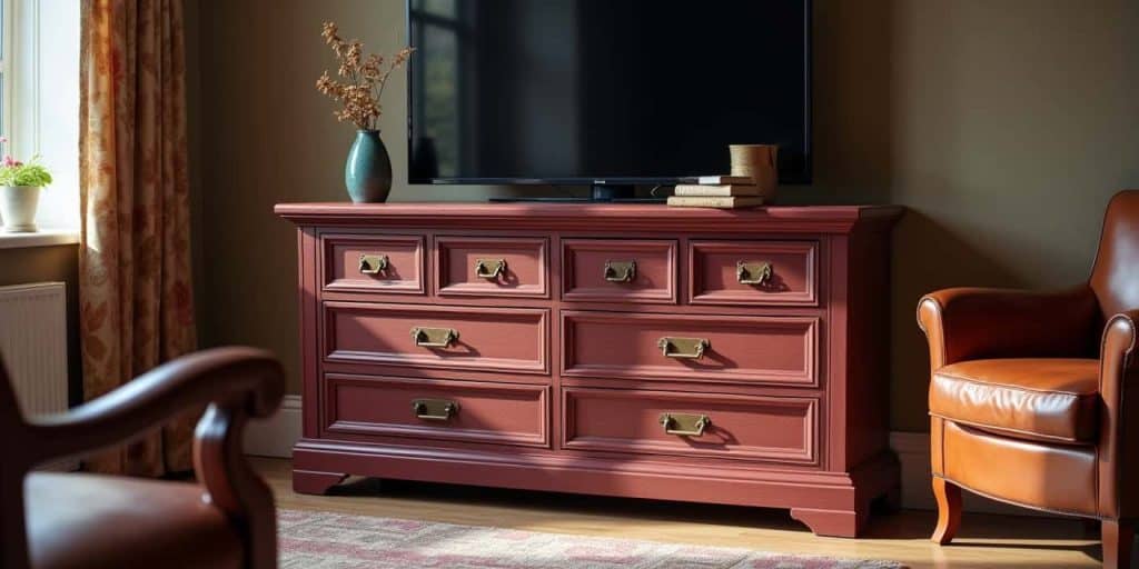 Upcycled DIY TV stand made from an old dresser with new handles and a fresh coat of paint.