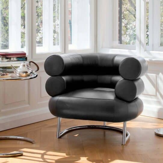 A captivating Bibendum Chair replica with Michelin Man-inspired design, upholstered in elegant cashmere on a polished chrome steel base.