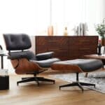 High-quality Eames Lounge Chair and Ottoman Replica with plush leather padding, reflecting impeccable mid-century modern design.