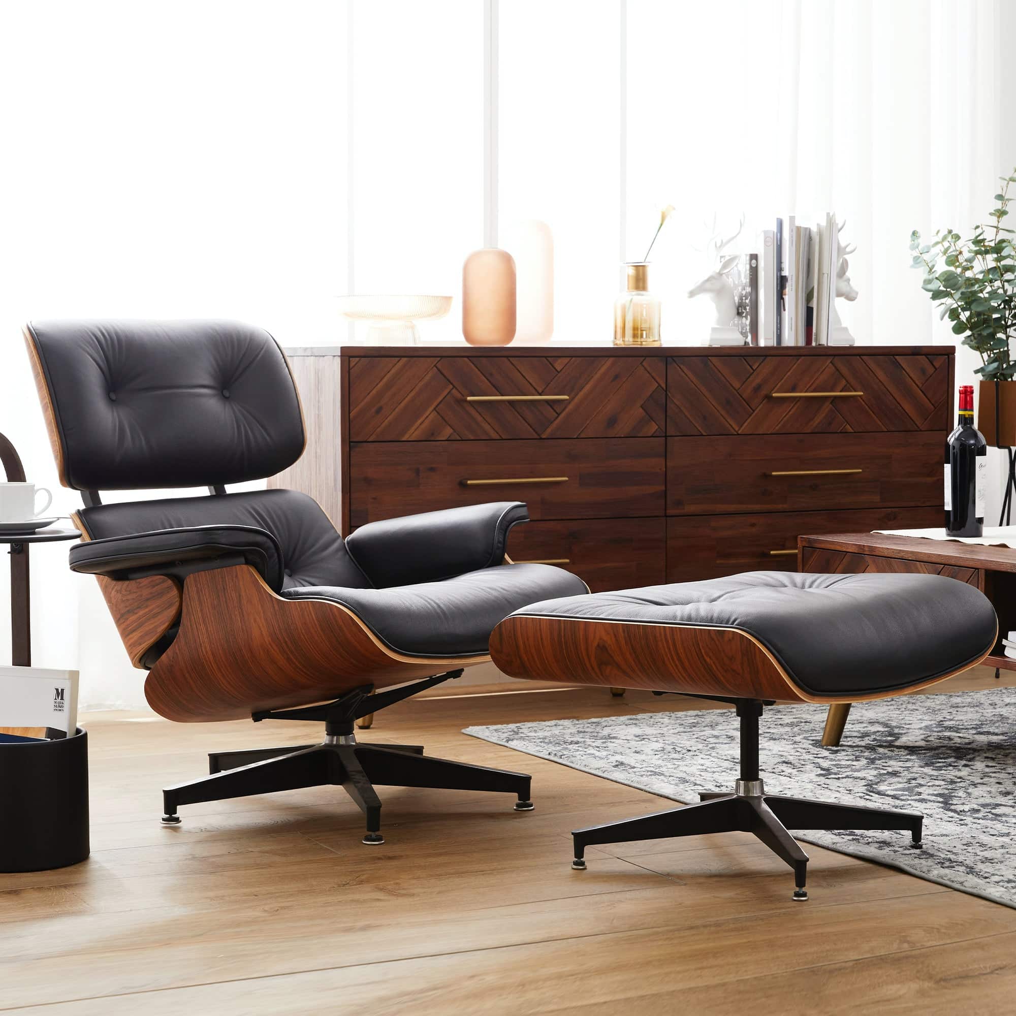 High-quality Eames Lounge Chair and Ottoman Replica with plush leather padding, reflecting impeccable mid-century modern design.
