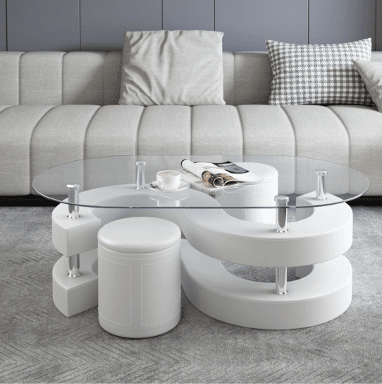 Nagano S-Shaped Coffee Table Set with glass top, ottomans, and chrome legs, a blend of style and functionality.