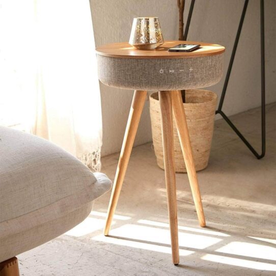 Nunito Smart Side Table – Sleek multifunctional side table with built-in Bluetooth speaker and wireless charging capabilities.