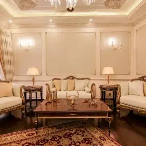 luxury beautifull dining room with white chairs - classic furniture style