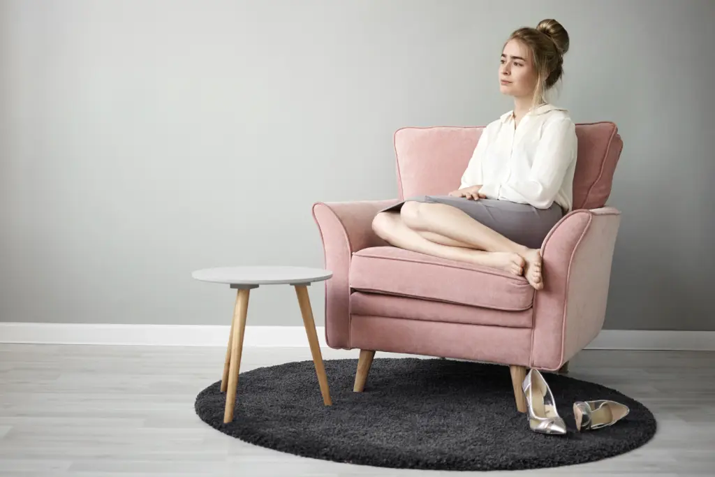 Rest Recreation Coziness Relaxation Concept Portrait Beautiful Calm Young Businessman Wearing White Blouse Skirt Relaxing Armchair Looking Into Distance Having Peaceful Look