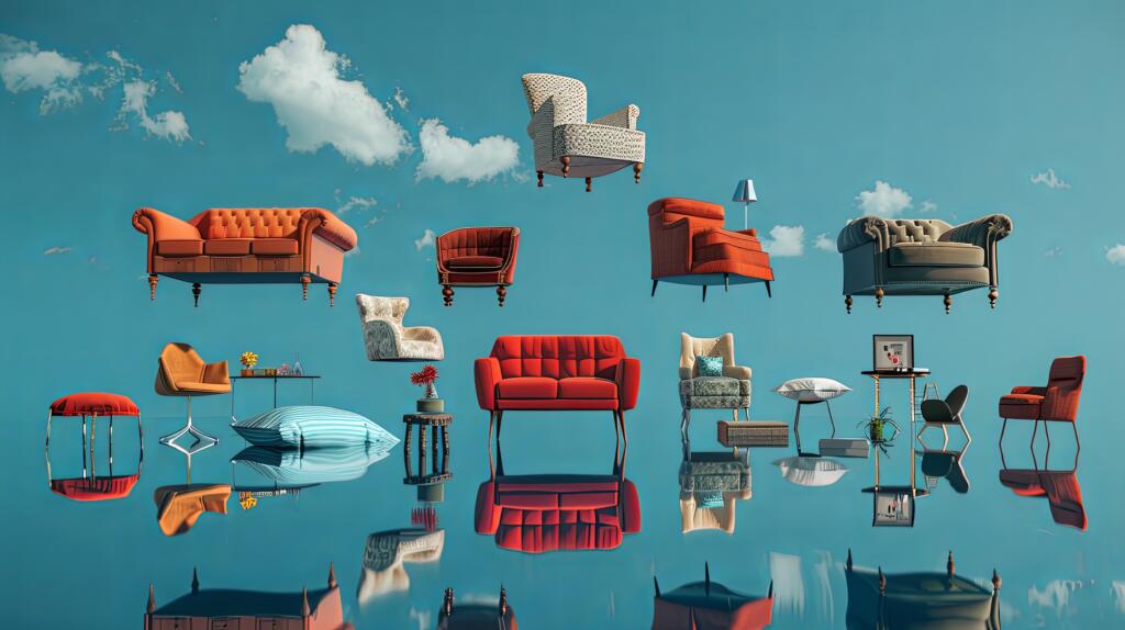 surreal blue furniture floating art