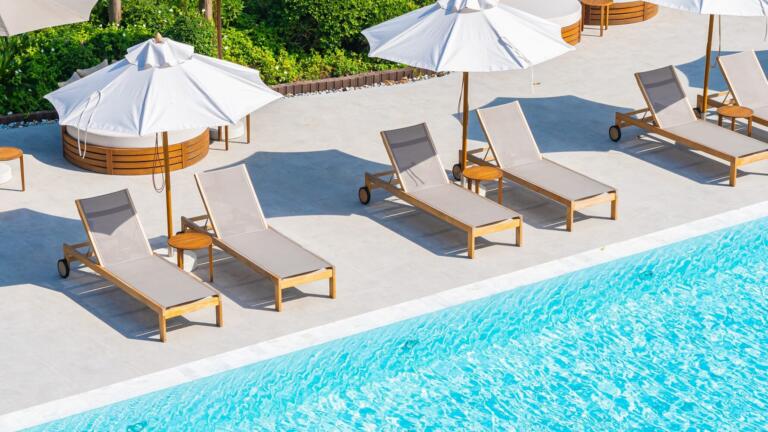 umbrella deck chair around outdoor swimming pool hotel resort nearly sea beach ocean scaled - Best Pool Lounge Chair, summer, comfort