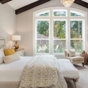 master bedroom in new luxury home with chandelier and large bank of windows with view of trees 1222623844 212940f4f89e4b69b6ce56fd968e9351 - bedroom essentials, comfort, sleep