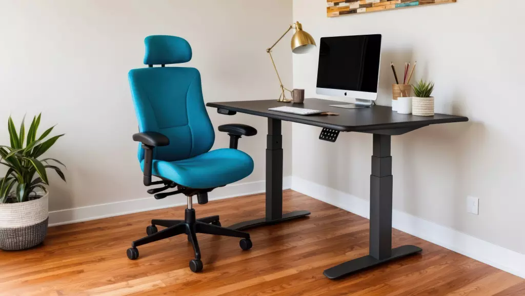 Minimalist Office Setup With A Black Desk, Monitor, And Office Chair For Tall People.