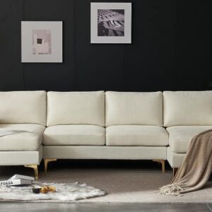 Karl home Convertible Sectional Sofa 110inch U Shape Sofa Couch 4 Seat Couch with Chaise ChenilleFabric Upholstered for Living Room Apartment Office Creamy White - best couches for small apartments, small apartments, small apartment, studio apartment