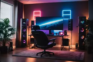 A futuristic gaming setup featuring a high-back ergonomic gaming chair positioned in front of a large, curved monitor displaying a space-themed image.