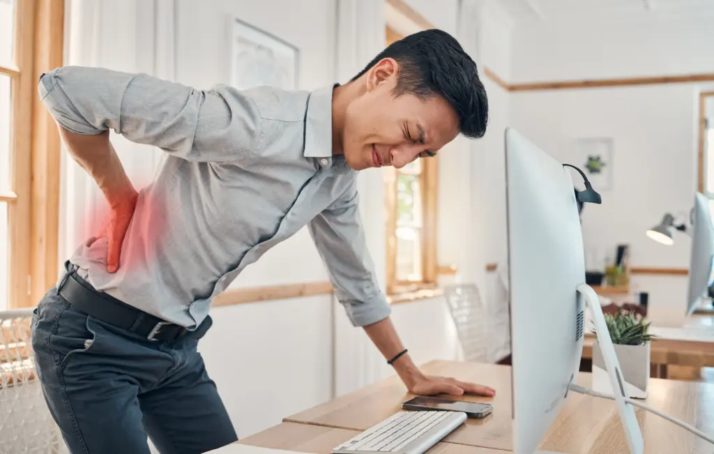 Businessman With Back Pain Muscle Injury Burnout Office Desk Young Frustrated Man Suffering From Spi