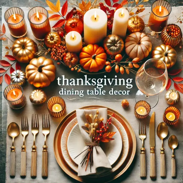 thankgiving dining tbale decor | Sohnne® DALL·E 2024 11 21 11.40.23 A bright and cheerful Thanksgiving dining table setup featuring warm colors like gold orange and red with an elegant centerpiece of candles pumpk - Thanksgiving dining table decor, thanksgiving table
