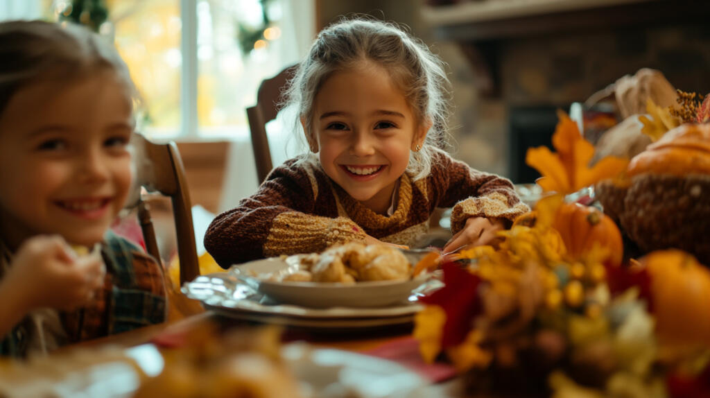 little girl smiling camera with plate food it