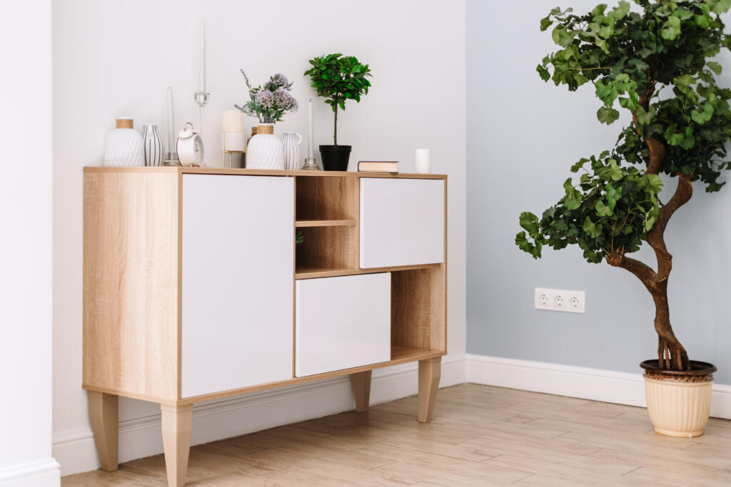 interior modern living room scandinavian style with wooden chest drawers houseplant