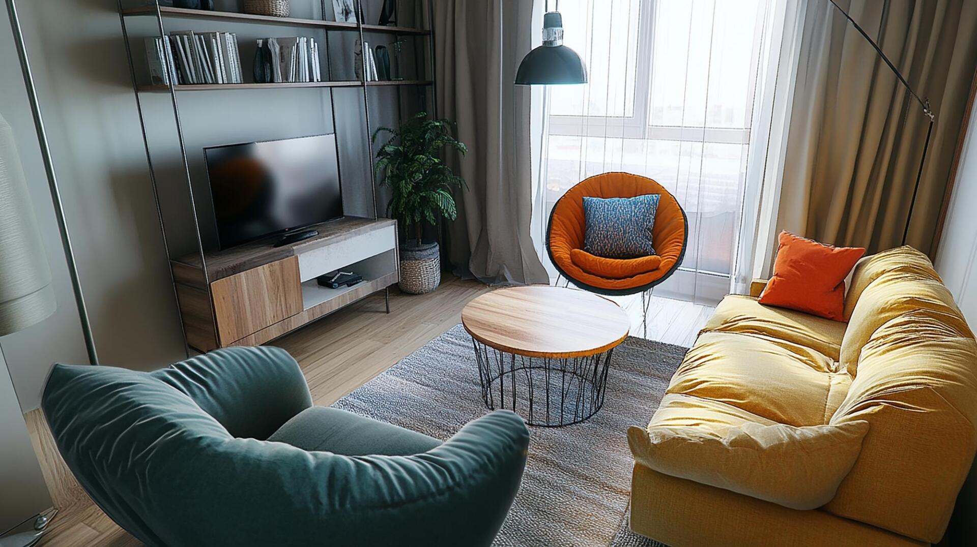 Choosing Furniture for a Tiny Living Room - Small living room with yellow loveseat and round coffee table