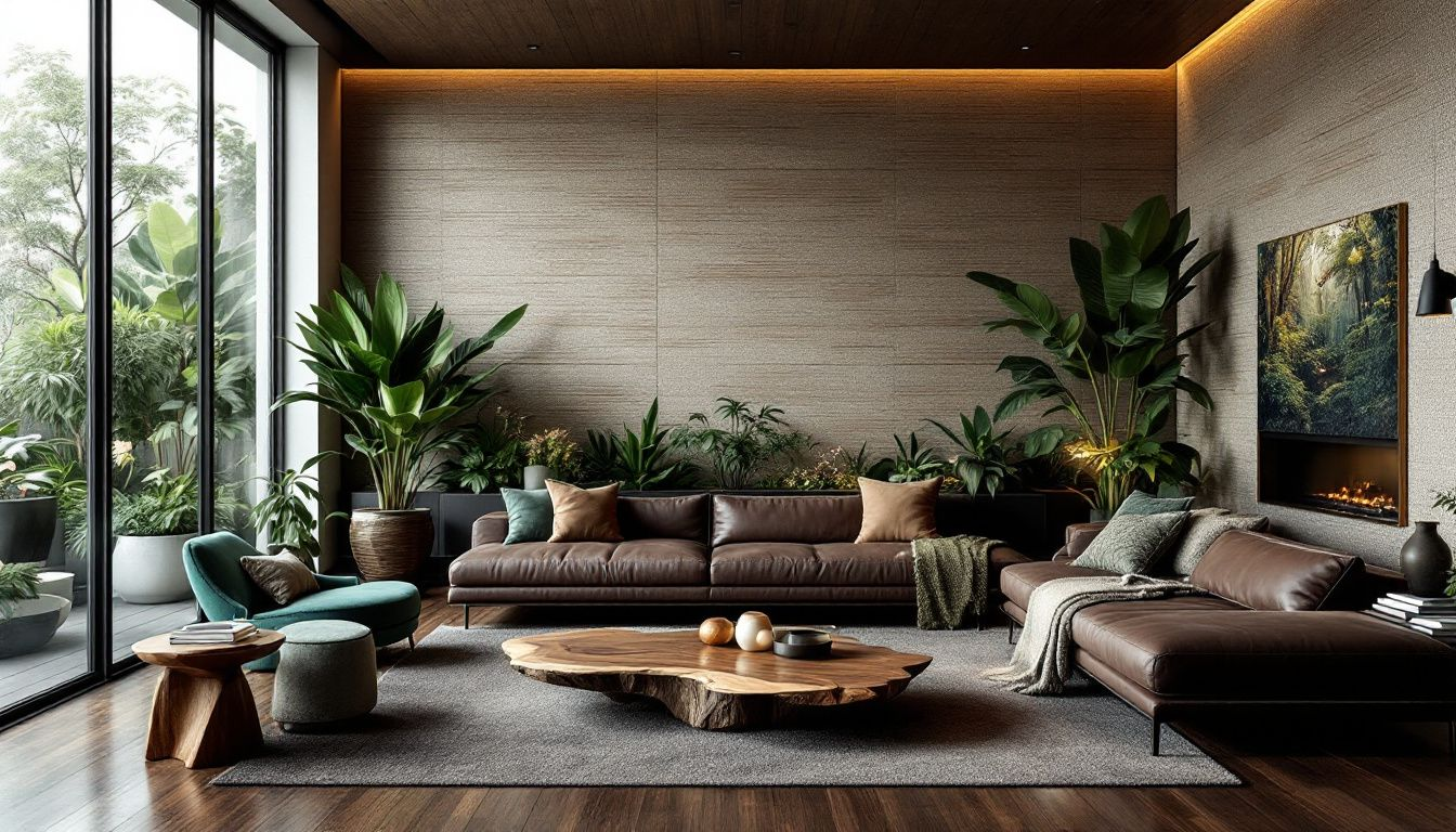 A living room decorated with natural materials and indoor plants.