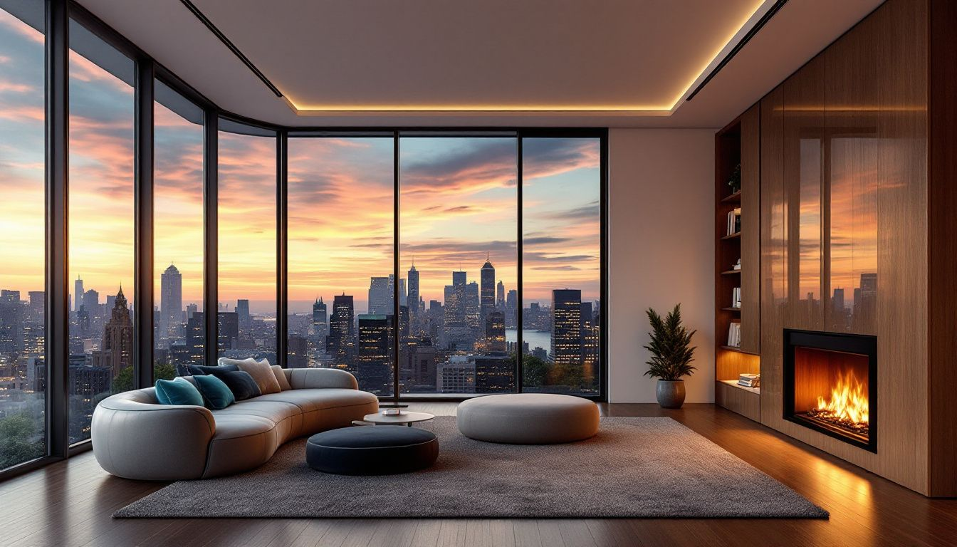 A cozy living room featuring warm wood tones and multifunctional furniture.