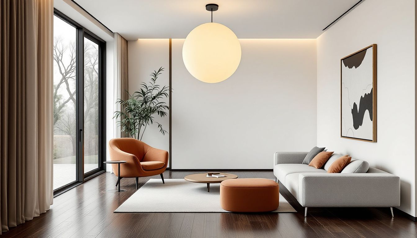 A minimalist living room design with warm tones and inviting decor.