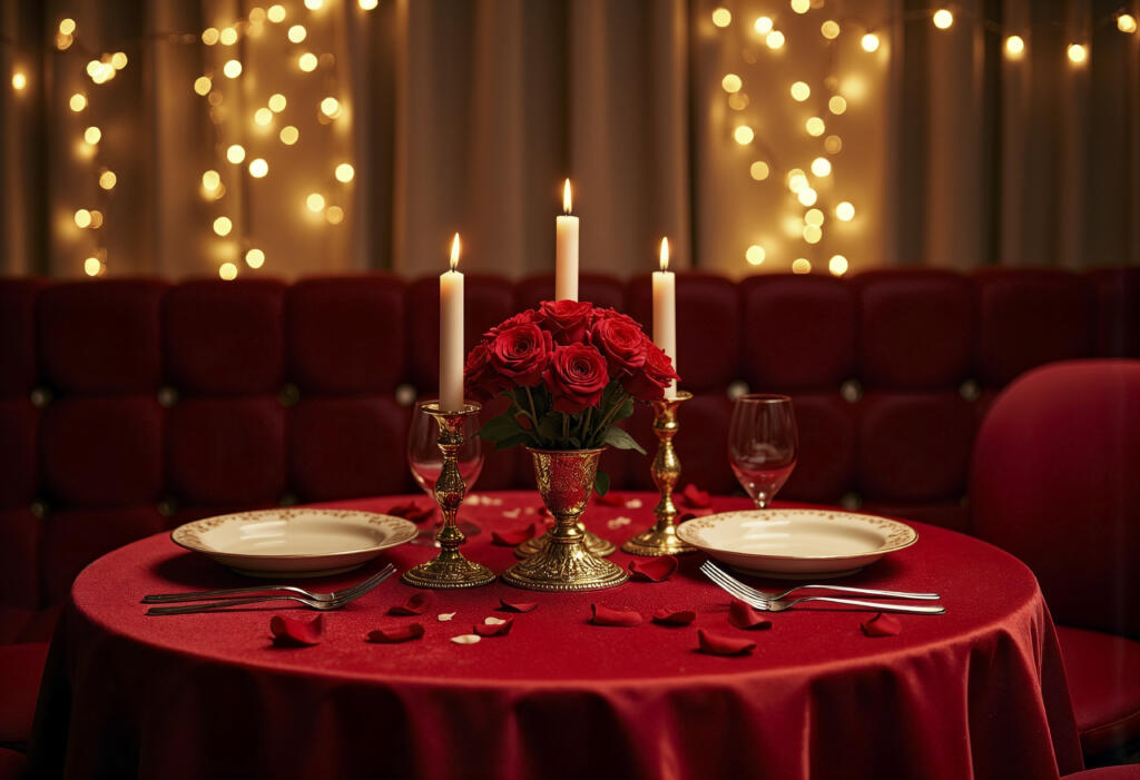 A intimate table setup with red petals and red interior