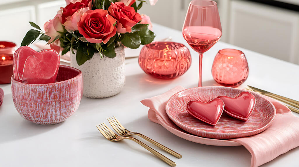 A sweet table setup with love shaped cutlery and pink color