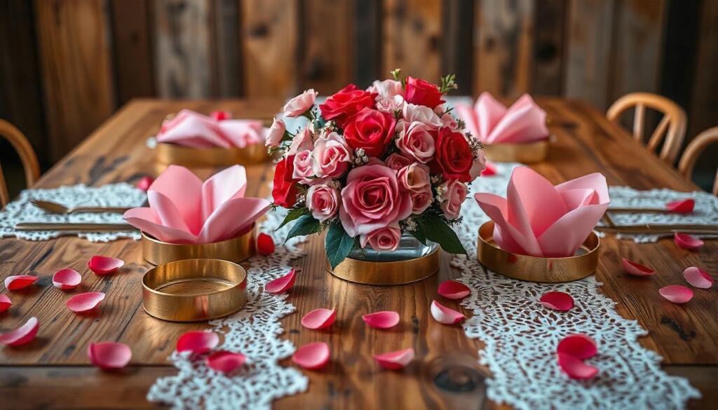 Floral centerpiece with vibrant pink blooms on a table.