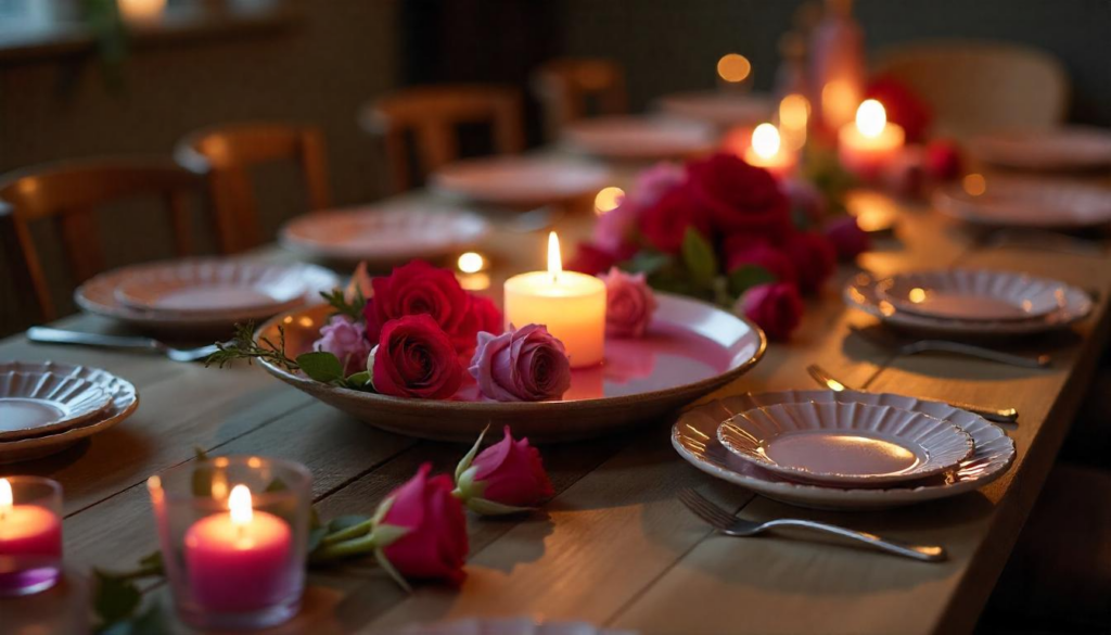 rustic table with floating wax lighting and pink roses