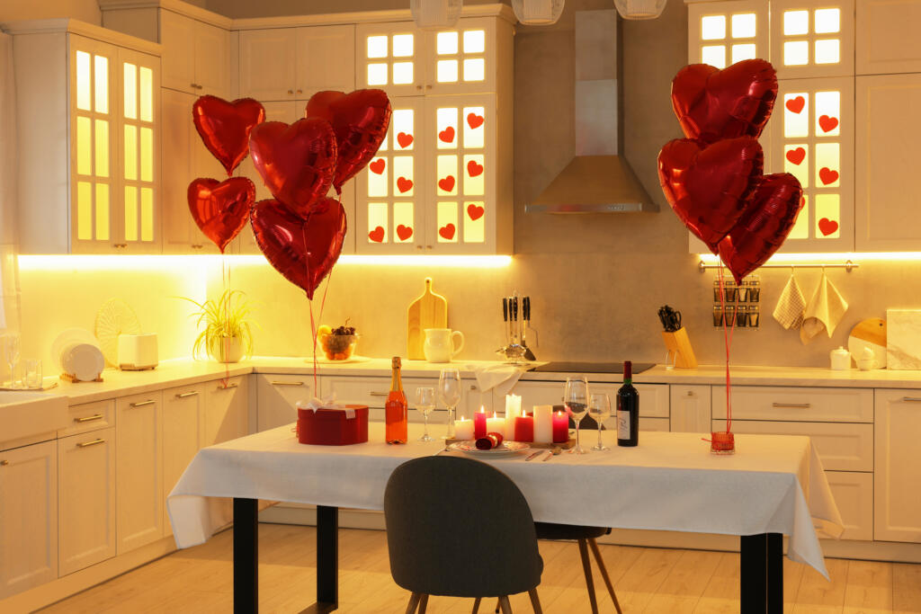 Cozy kitchen with set table setup for Valentine day