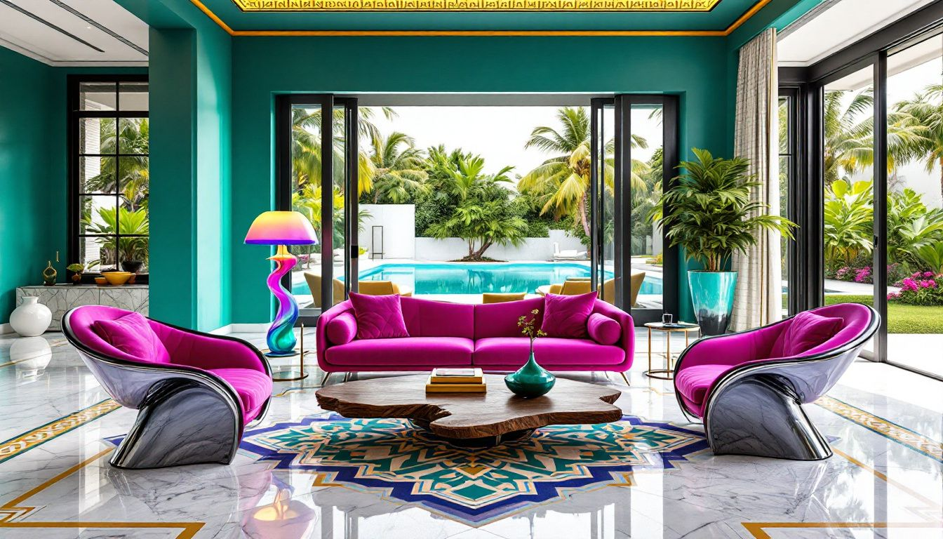 A vibrant living room with bold colors and patterns reflecting interior design trends.