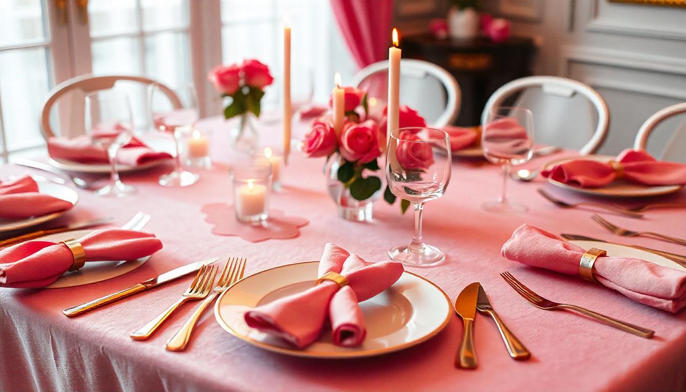 pink decoration with gold flatware and gold napkin rings