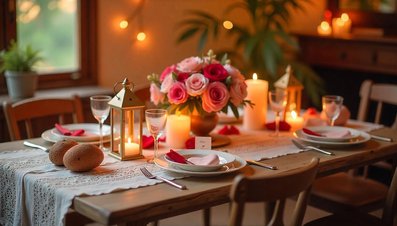 table setting using heart-shaped napkins 