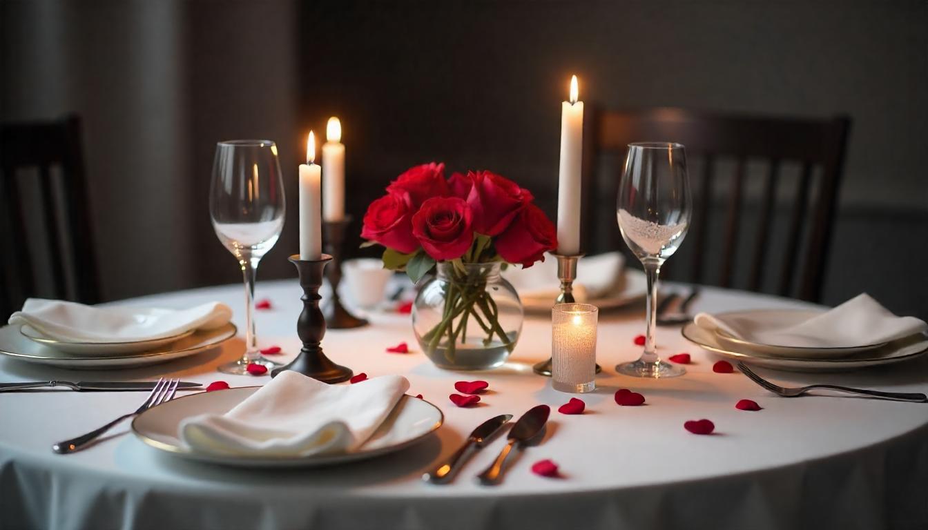 valentine's day dinner table decoration idea with focus on candles and candle holders for a soft glow