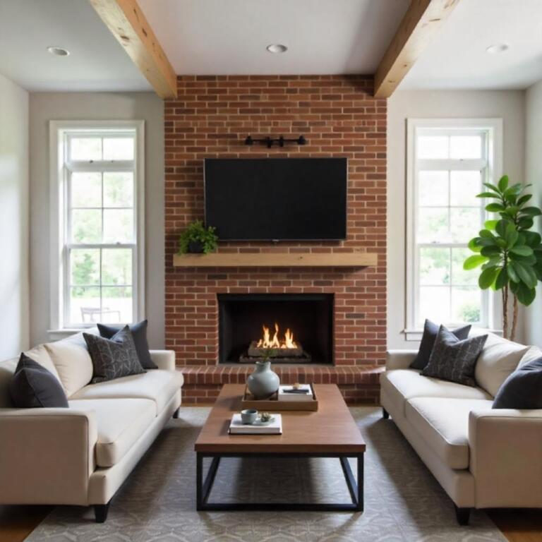 brick fireplace ideas with couches in fornt of fireplace - brick fireplace ideas
