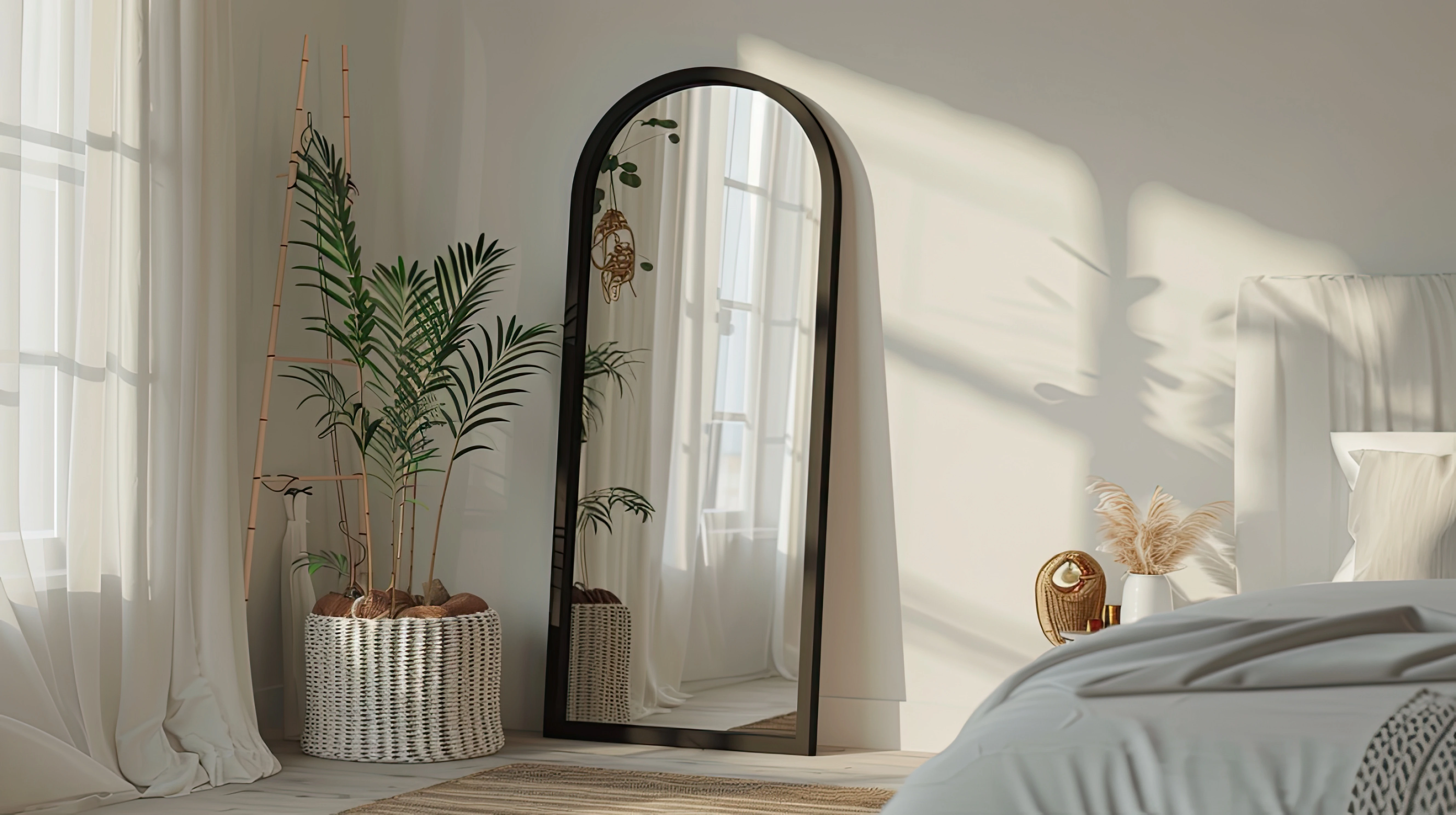 Elegant Bedroom Adorned With Large Black Arch Mirror Accompanied By Small White Wicker Basket Filled With Items Modern Floor Lamp Styled After Bamboo