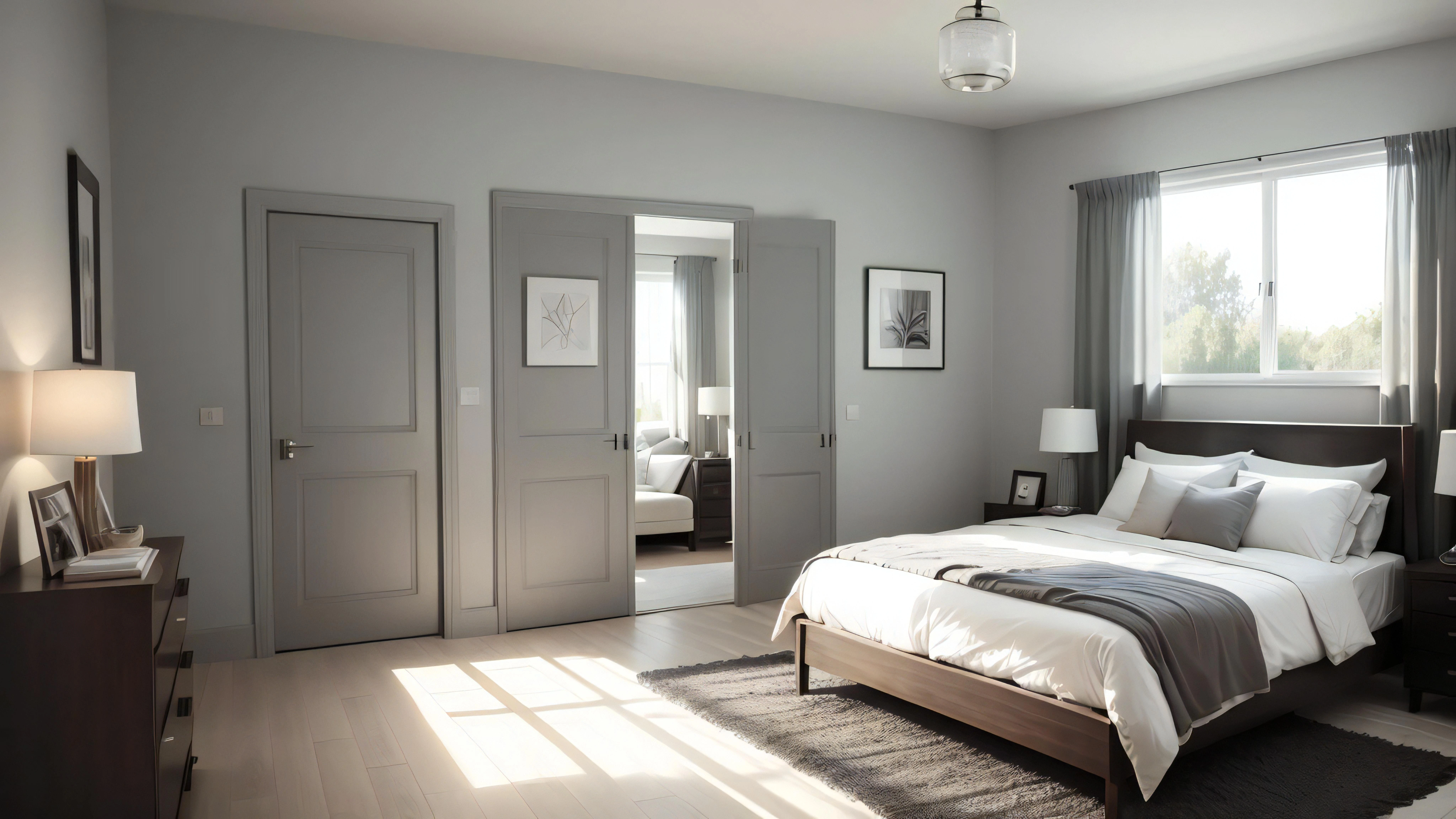Elegant Bedroom Interior With Sunlight Streaming Showcasing Sleek Furnishings Tranquil Color Scheme