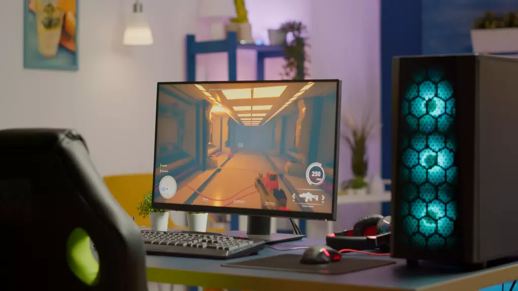 Gaming Room No People Equiped With Rgb Powerful Personal Computer Online Videogames Tournament Gaming Chair First Person Shooter Game Screen Cozy Room With Neon Light