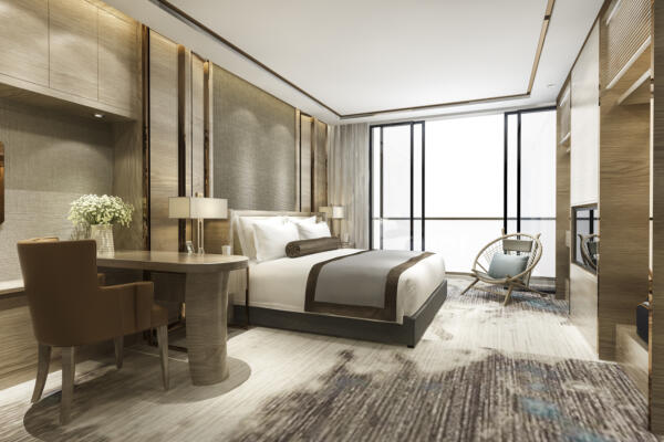 3d rendering luxury classic modern bedroom suite in hotel | Sohnne® luxury classic modern bedroom suite hotel