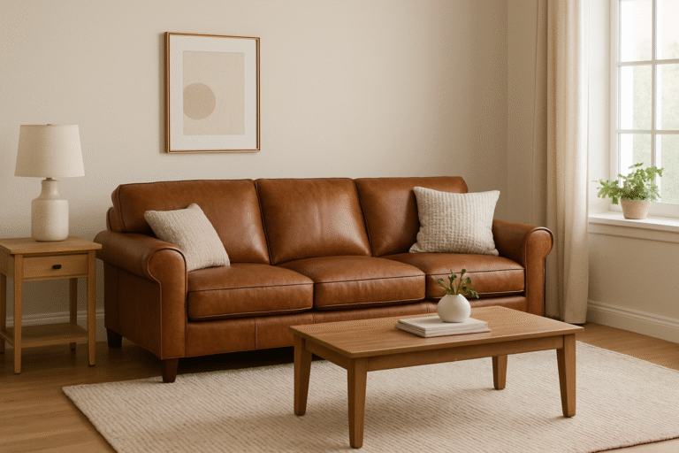 a brown leather sofa living room with beige and white pillows and walls