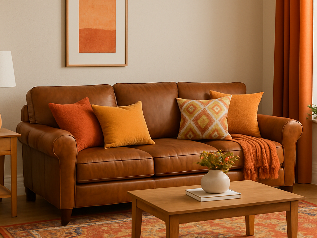 brown leather sofa with warm orange curtains, rugs, and pillows