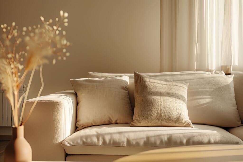 beige living room interior with sofa