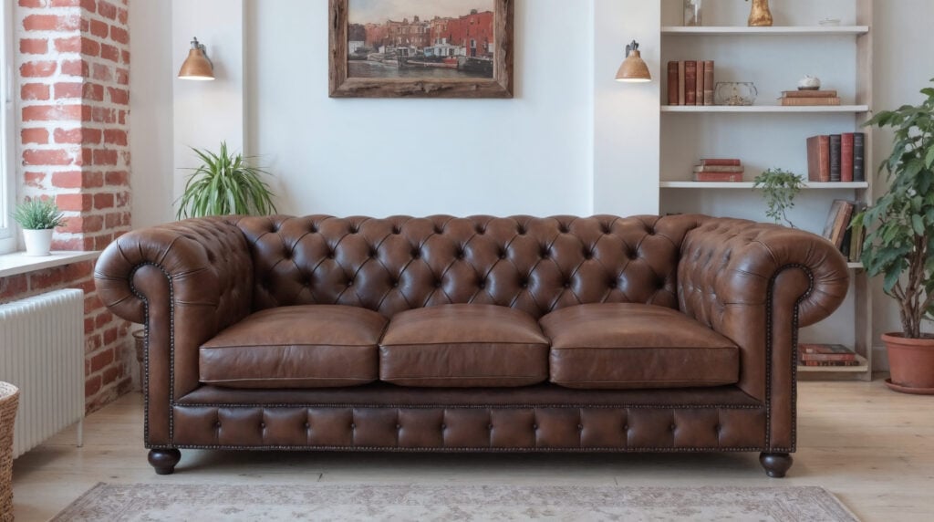luxurious dark brown leather living room with paints and a shelf of books behind