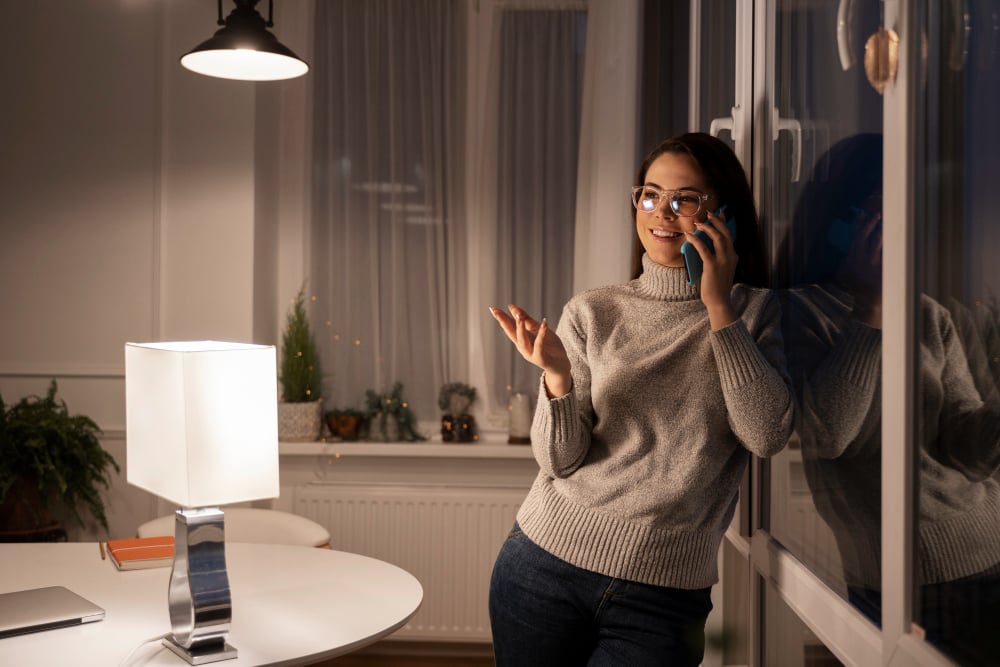2149240937 | Sohnne® Woman enjoying soft table lighting in a modern room showing apartment living room decor ideas for cozy evenings.