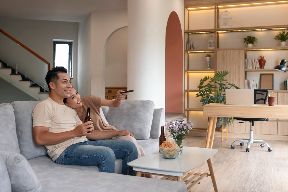 2149442966 | Sohnne® A sectional sofa and console table dividing a large room into two functional areas, an example of how furniture enhances split living room ideas.