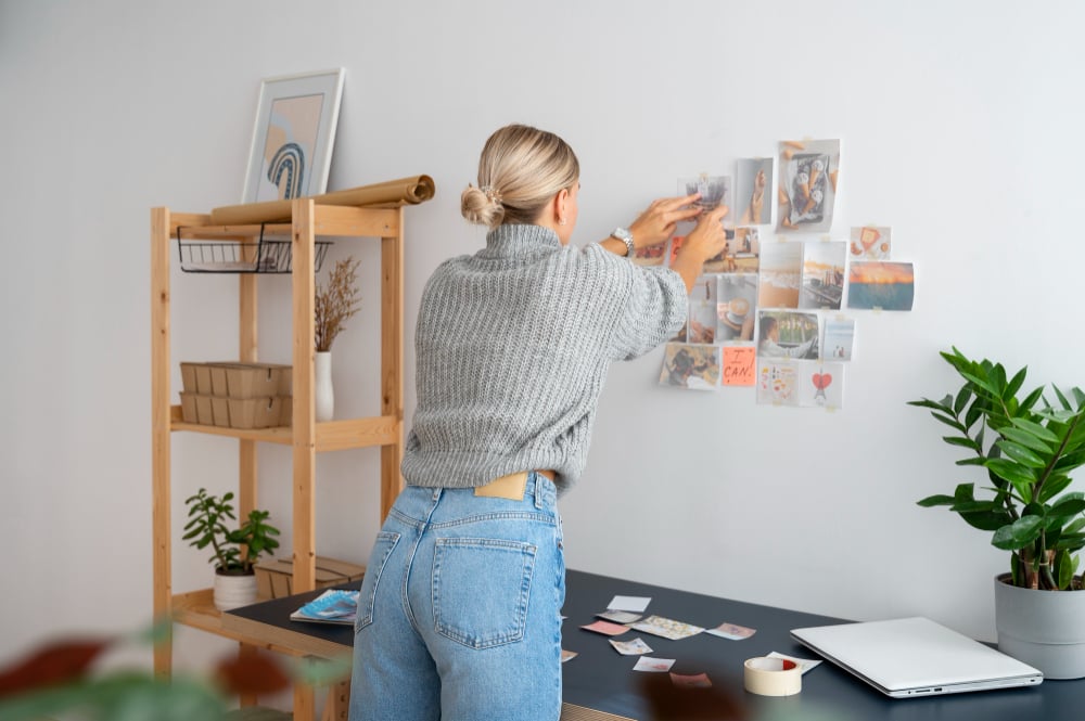 2149934523 | Sohnne® Woman creating a DIY gallery wall with photos and postcards for personalized apartment decor.