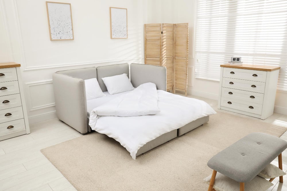 3030 | Sohnne® Sofa bed in a bright room showing multipurpose furniture for small spaces and decorating apartment ideas.