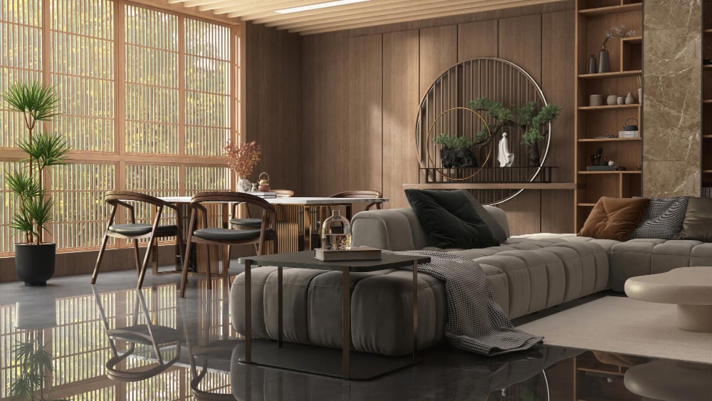 4446 | Sohnne® Leather, bouclé, and wood finishes appear together in one space. Consequently, this design shows how split living room ideas use contrast for depth and personality.