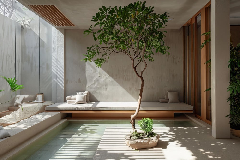 46591 | Sohnne® Indoor plants such as bonsai and fiddle-leaf figs separate two zones naturally. Therefore, this layout captures split living room ideas inspired by organic design.