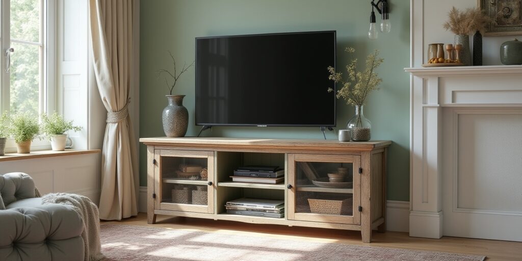 diy tv stand with neat cable management | Sohnne® DIY TV stand with back panel in sage green, featuring neat cable management for a clean and organized look.
