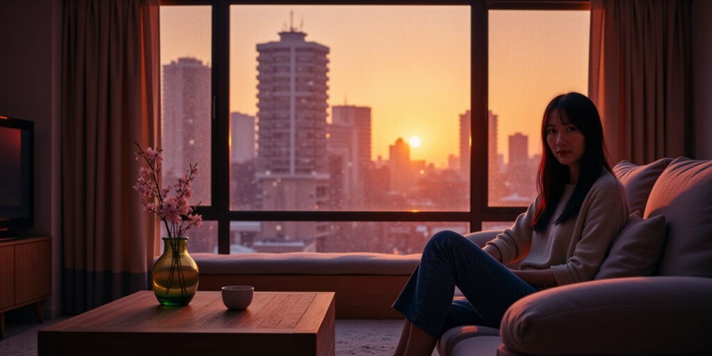 freepik a cozy us apartment interior at sunset featuring a 28304 | Sohnne® Cozy U.S. apartment with a Japanese floor couch, wood coffee table, and large window bringing in natural light.